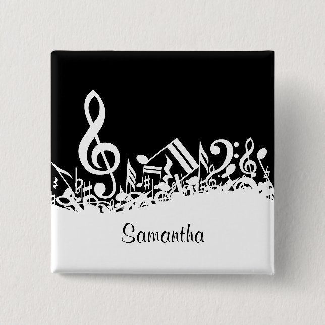 Personalized White Jumbled Musical Notes on Black 2 Inch Square Button (Front)