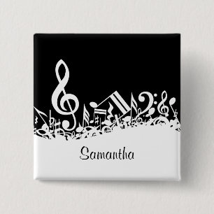Personalized White Jumbled Musical Notes on Black 2 Inch Square Button