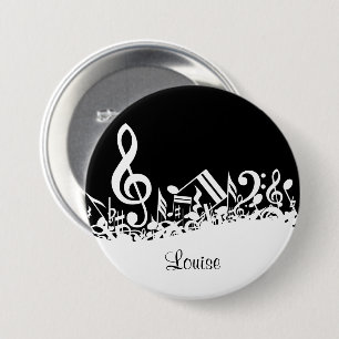 Personalized White Jumbled Musical Notes on Black 3 Inch Round Button