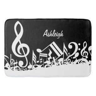 Personalized White Jumbled Musical Notes on Black Bath Mat