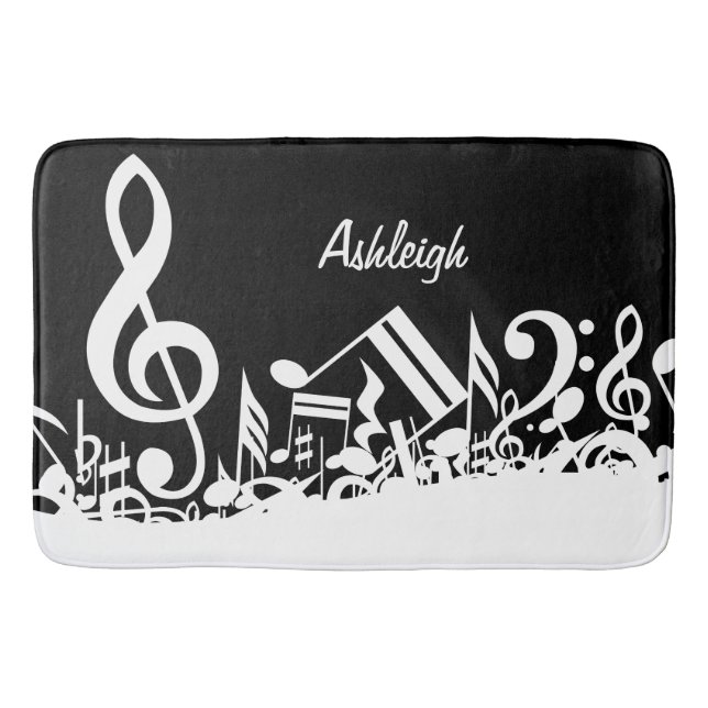 Personalized White Jumbled Musical Notes on Black Bath Mat (Front)
