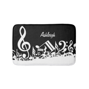 Personalized White Jumbled Musical Notes on Black Bath Mat