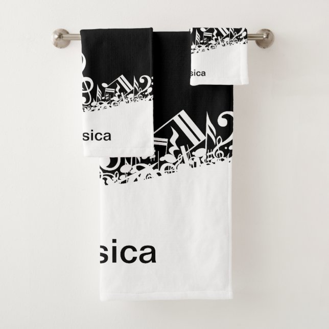 Personalized White Jumbled Musical Notes on Black Bath Towel Set (Insitu)