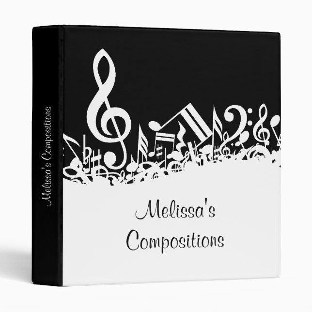 Personalized White Jumbled Musical Notes on Black Binder (Front/Spine)