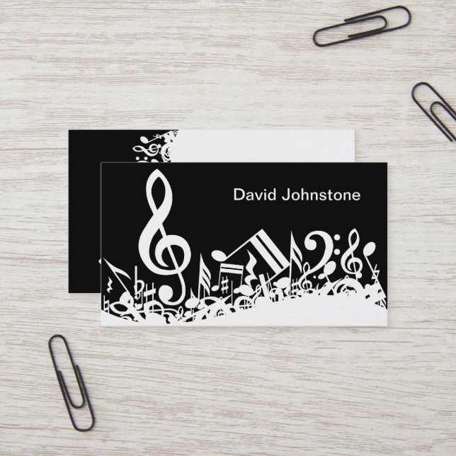 Personalized White Jumbled Musical Notes on Black Business Card (Front/Back In Situ)
