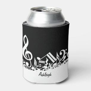 Personalized White Jumbled Musical Notes on Black Can Cooler