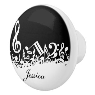 Personalized White Jumbled Musical Notes on Black Ceramic Knob