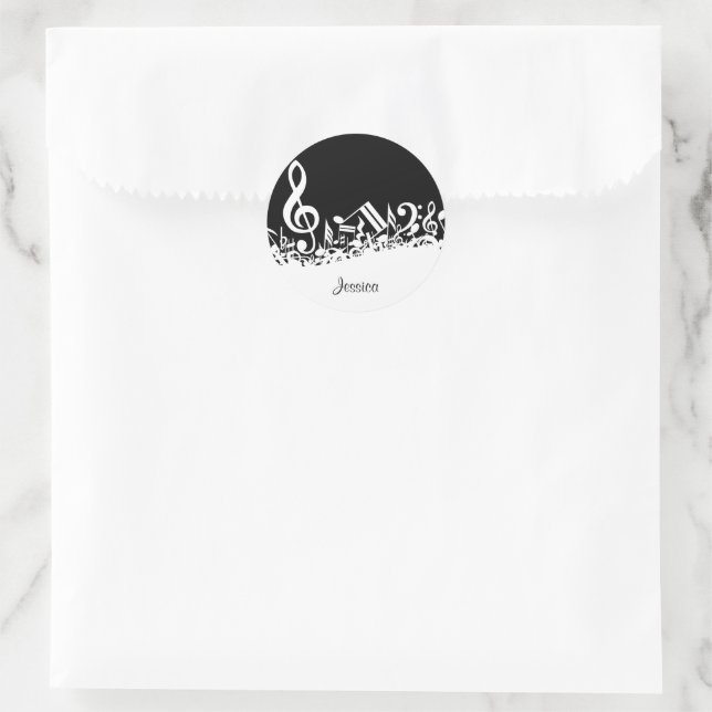 Personalized White Jumbled Musical Notes on Black Classic Round Sticker (Bag)