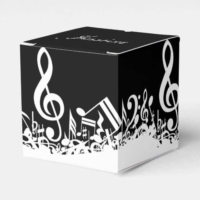 Personalized White Jumbled Musical Notes on Black Favor Box (Front Side)