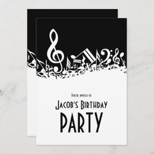 Personalized White Jumbled Musical Notes on Black Invitation