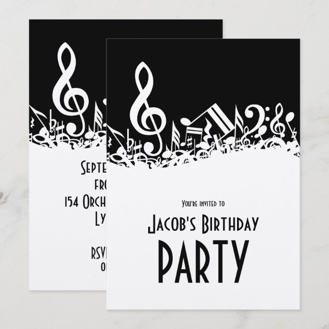 Personalized White Jumbled Musical Notes on Black Invitation (Front/Back)
