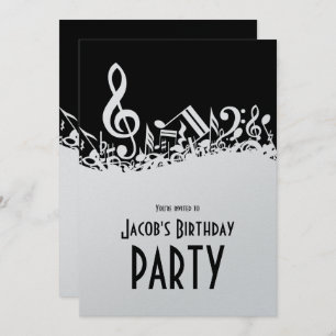 Personalized White Jumbled Musical Notes on Black Invitation