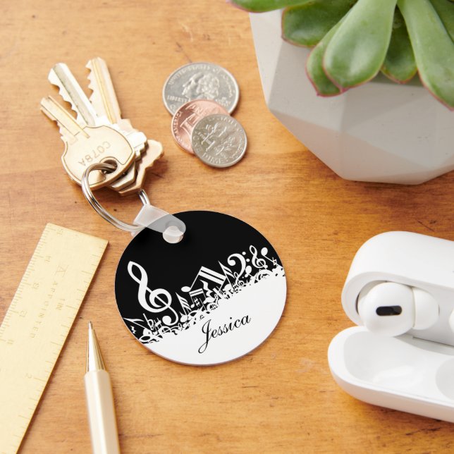 Personalized White Jumbled Musical Notes on Black Keychain (Desk)