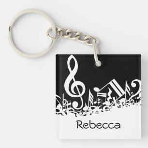 Personalized White Jumbled Musical Notes on Black Keychain
