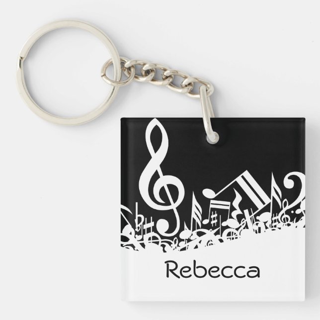 Personalized White Jumbled Musical Notes on Black Keychain (Front)