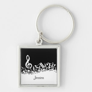 Personalized White Jumbled Musical Notes on Black Keychain