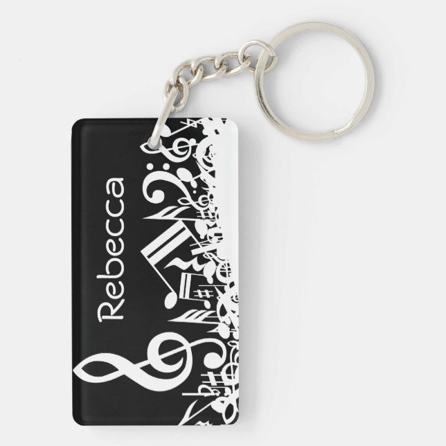 Personalized White Jumbled Musical Notes on Black Keychain (Back)