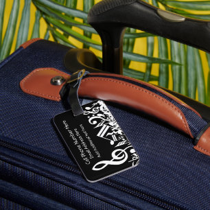 Personalized White Jumbled Musical Notes on Black Luggage Tag