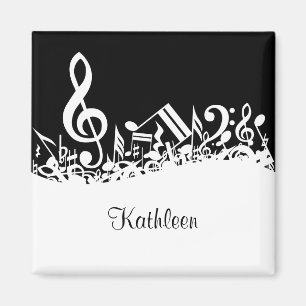 Personalized White Jumbled Musical Notes on Black Magnet