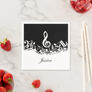 Personalized White Jumbled Musical Notes on Black Napkin
