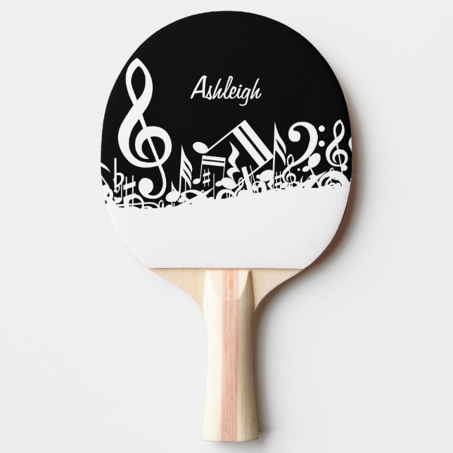 Personalized White Jumbled Musical Notes on Black Ping Pong Paddle (Front)