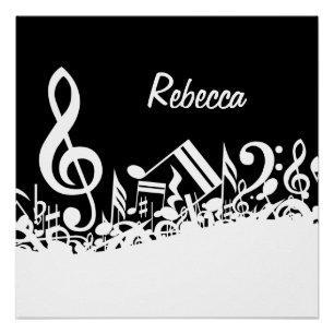 Personalized White Jumbled Musical Notes on Black Poster