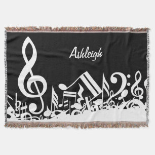 Personalized White Jumbled Musical Notes on Black Throw Blanket