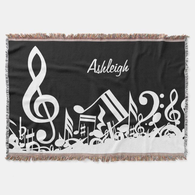 Personalized White Jumbled Musical Notes on Black Throw Blanket (Front)