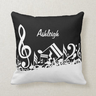 Personalized White Jumbled Musical Notes on Black Throw Pillow