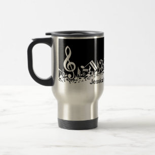 Personalized White Jumbled Musical Notes on Black Travel Mug