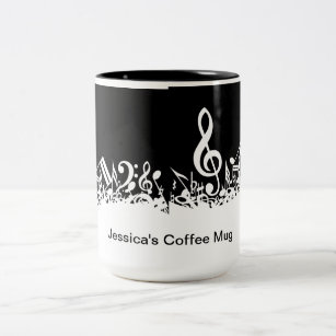 Personalized White Jumbled Musical Notes on Black Two-Tone Coffee Mug