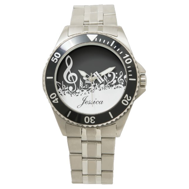 Personalized White Jumbled Musical Notes on Black Watch (Front)