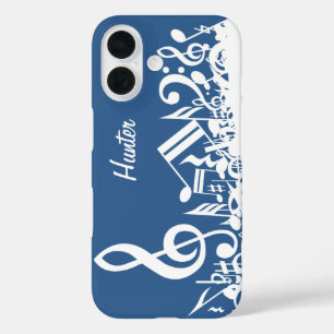 Personalized White Jumbled Musical Notes on Blue iPhone 16 Case
