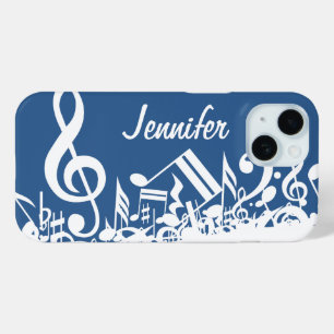 Personalized White Jumbled Musical Notes on Blue iPhone 15 Case