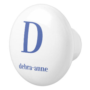 Personalized White Knob with Dark Blue Text