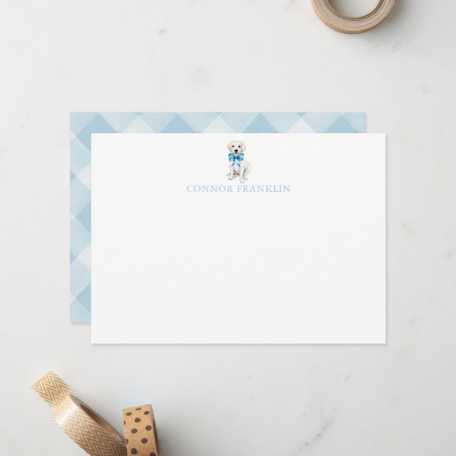 Personalized White Lab Gingham Baby Boy Stationery Card (Front/Back In Situ)