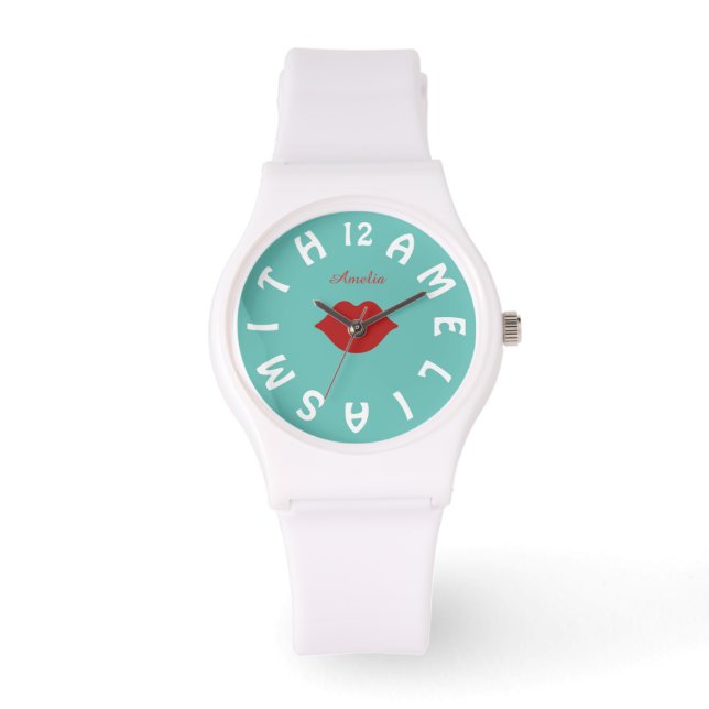Personalized White Letter Dial and Red Lips Watch (Front)