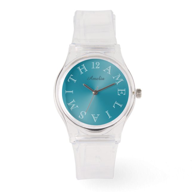 Personalized White Letter Dial Teal Blue Gradient Watch (Front)