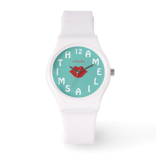 Personalized White Letter Dial Teal Red Lips Watch (Front)