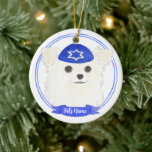 Personalized White Long Haired Chihuahua Hanukkah Ceramic Ornament<br><div class="desc">Celebrate your favourite mensch on a bench with personalized ornament! This design features a sweet illustration of a white long haired chihuahua dog with a blue and white yarmulke. For the most thoughtful gifts, pair it with another item from my collection! To see more work and learn about this artist,...</div>