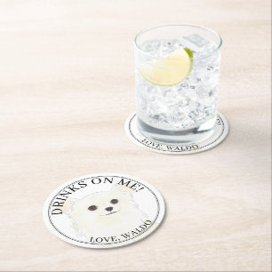 Personalized White Long Haired Chihuahua Wedding Round Paper Coaster
