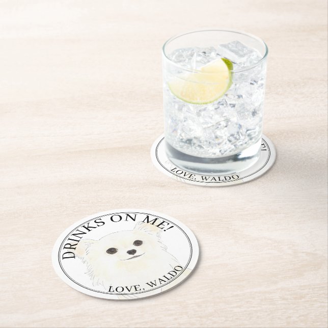 Personalized White Long Haired Chihuahua Wedding Round Paper Coaster (Insitu)