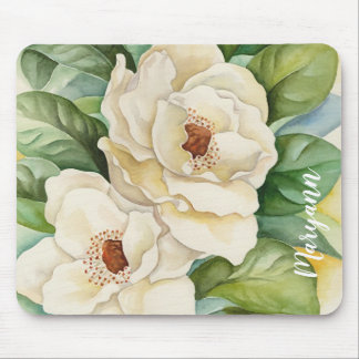 Personalized White Magnolia Flowers Watercolor Mouse Pad
