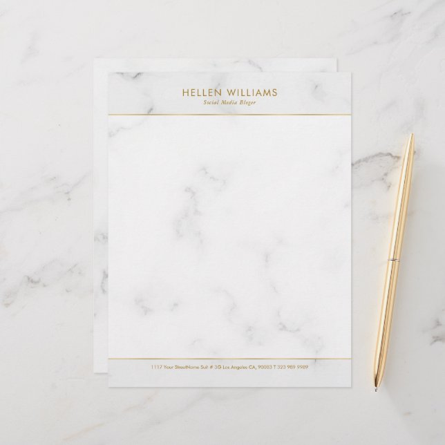 Personalized White Marble Gold Stroke Accent Letterhead (Front/Back In Situ)