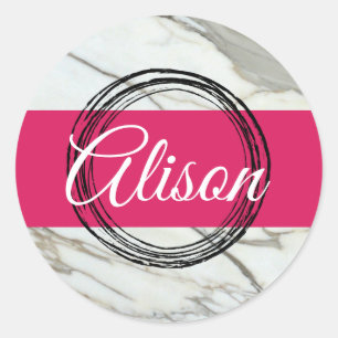 Personalized white marble, pink and black stickers