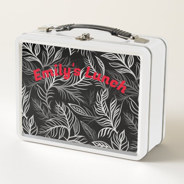 Personalized White Metal Lunch Box with Fun Black  (Front)