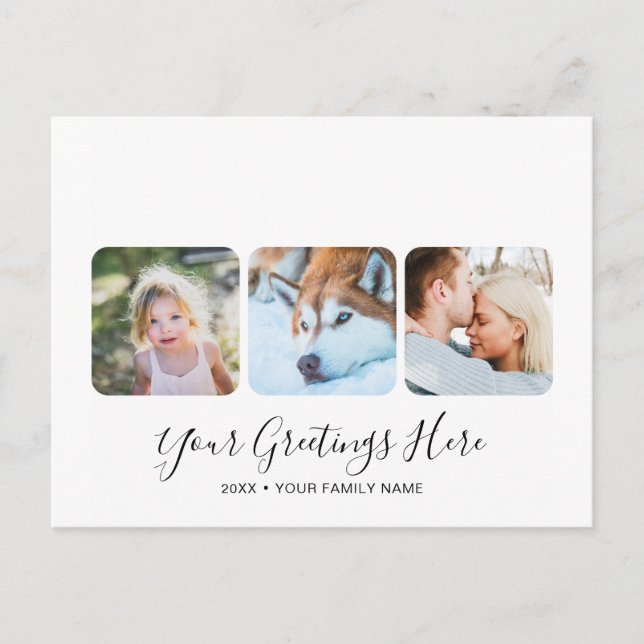 Personalized White Modern Greetings Cards 3 photos (Front)