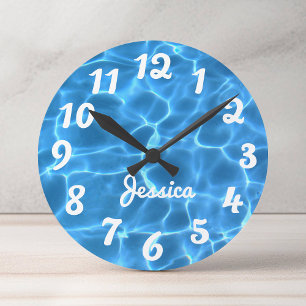 Personalized White Number Aqua Blue Swimming Pool Round Clock