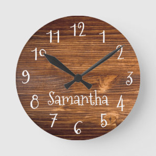 Personalized White Numbers Brown Wood Photo Round Clock