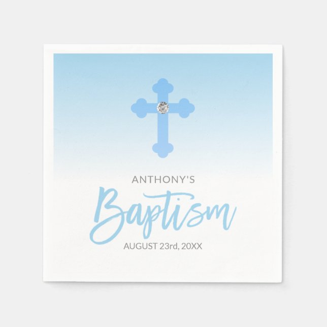 Personalized White Pastel Blue Boy Cross BAPTISM Napkin (Front)